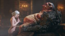 1girls 1monster 3d bathhouse blowjob ciri cum female interspecies male monster novigrad oral the_witcher_(series) troll troll_(the_witcher) white_hair witcherres