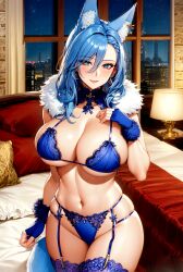 1girls 2023 ai_generated animal_ear_fluff animal_ears bare_midriff big_breasts blue_eyes blue_gloves blue_hair blue_lingerie blush choker cleavage curvy_body curvy_female curvy_figure ear_tuft earrings female female_focus female_only fingerless_gloves fox fox_ears fox_girl fur_trim garter_belt garter_belt_leggings garter_straps hourglass_figure huge_breasts large_breasts legwear lingerie long_hair looking_at_viewer mature_female medium_hair milf navel necklace sole_female solo_female solo_focus stable_diffusion stockings thighhighs underwear voluptuous voluptuous_female