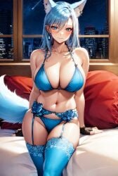 1girls 2023 ai_generated animal_ear_fluff animal_ears bare_midriff big_breasts blue_eyes blue_gloves blue_hair blue_lingerie blush choker cleavage e ear_tuft earrings female female_focus female_only fingerless_gloves fox fox_ears fox_tail fur_trim garter_belt garter_belt_leggings garter_straps hi_res hourglass_figure huge_breasts large_breasts legwear lingerie long_hair looking_at_viewer mature_female medium_hair milf navel necklace sole_female solo_female solo_focus stable_diffusion stockings thighhighs underwear voluptuous voluptuous_female