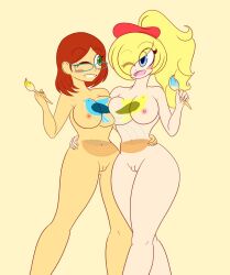 2girls alma_garcia beret blonde_hair bodypaint breasts brown_hair casual crossover eve_(limbros) female female_only glasses hat headwear human limbros long_hair luz_del_alma_tejeda_garcía multiple_girls nairod103098 naked_beret naked_hat navel nipples nude nude_female nudist paintbrush pale_skin ponytail pussy red_beret short_hair tagme