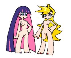 2girls blonde_hair blue_eyes casual female female_only frown hand_on_hip human large_breasts lowres multiple_girls nude oekaki pale_skin panty_&_stocking_with_garterbelt panty_anarchy sisters stocking_anarchy toenail_polish very_long_hair white_background ysd2236