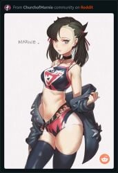 artist_request belt black_hair blue_eyes character_name choker crop_top english_text game_freak holding_pokeball leather_jacket marnie_(pokemon) pokeball pokeball_belt pokemon pokemon_ss reddit reddit_logo removing_jacket screenshot small_breasts solo team_yell_(logo) text thigh_highs unknown_artist