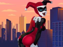 1girls ass batman:_the_animated_series batman_(series) big_breasts blue_eyes bodysuit dc dc_comics female female_only flirting giantess harley_quinn harley_quinn_(classic) open_mouth sassy solo tagme thigh_grab unknown_artist