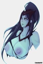 blue_skin bust_portrait dark_hair kalista large_breasts large_nipples league_of_legends mchoi141 ponytail sole_female tied_hair