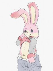 anthro apluss arcade_bunny bottomwear bottomwear_pull buckteeth clothed clothing clothing_lift clothing_pull flaccid fur genitals happy hi_res lagomorph leporid male mammal navel pants pants_pull penis pink_body pink_fur presenting rabbit shirt shirt_lift solo teeth topwear young