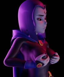 1girls 3d 3d_(artwork) black_background blender breast_grab breasts cape curvy dc dc_comics female female_only forehead_jewel fully_clothed highres lewdality looking_down nipple_bulge purple_eyes purple_hair rachel_roth raven_(dc) simple_background solo teen_titans teenager