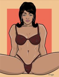 archer_(series) bra brown_eyes brown_hair dark-skinned_female g-string hoop_earrings lana_kane lingerie lingerie_only medium_breasts muscular_female panties red_lingerie spread_legs thong_panties undrsydr