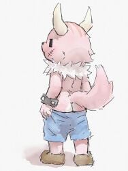 1boy anthro anthro_only apluss ass bottomwear butt_crack clothed clothing footwear fur hi_res horn kaku_(ponkotsu_quest) male male_only mooning neck_tuft partially_clothed pink_body pink_fur rear_view scar shorts shorts_down shorts_only simple_background solo tail tuft