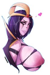 big_nipples bust bust_portrait covered_in_cum exposed_breasts female huge_nipples hyper_nipples large_breasts large_nipples league_of_legends leblanc mascara mchoi141 nipples outline puffy_nipples purple_hair purple_lips purple_skin side_view sole_female solid_color_background solo thick_nipples tiara torn_topwear upper_body wardrobe_malfunction white_background