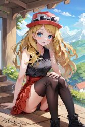 ai_generated artsbuyu black_legwear black_panties black_shirt blonde_hair blue_eyes cute hi_res medium_breasts plaid_skirt pokemon pokemon_trainer pokemon_xy red_skirt schoolgirl serena_(pokemon) stable_diffusion