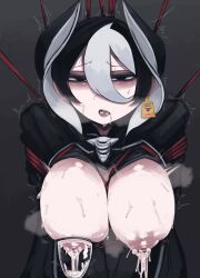 1girls asamegasame big_breasts black_eyes black_hair breast_expansion breasts breasts_out female_focus hair_between_eyes lactating lactation light_skin light_skinned_female looking_at_viewer made_in_abyss milking_machine nipples ozen rape restrained sweat whistle white_hair