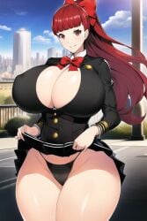 ai_generated atlus big_breasts black_panties black_thong bow bow_tie breasts cleavage clothing eyes feet_out_of_frame female female_only hairbow huge_breasts japanese_clothes japanese_clothing japanese_school_uniform kasumi_yoshizawa large_breasts large_thighs light_skin light_skinned_female looking_at_viewer nai_diffusion panties persona persona_5 persona_5_royal ponytail red_eyes red_hair skirt skirt_lift stable_diffusion thick_thighs thong voluptuous voluptuous_female wide_hips