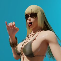 1girls 3d blender blowjob_gesture blue_background bra bracelet brown-tinted_eyewear emilie_de_rochefort female female_only jewelry necklace open_mouth smile solo suggestive_gesture suggestive_look sunglasses swimsuit tekken tinted_eyewear tongue_out