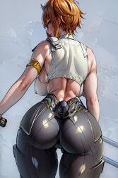 ai_generated ass ass_focus backboob blonde_hair blue_eyes breasts female from_behind goddess_of_victory:_nikke hat huge_ass large_breasts looking_at_viewer looking_back maxwell_(nikke) naughty_face nipples shiny shiny_clothes shiny_hair shiny_skin short_hair sideboob smile solo spandex