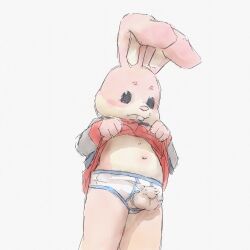 1:1 2022 anthro apluss arcade_bunny clothed clothing clothing_lift fur hi_res lagomorph leporid looking_down male mammal navel open_underwear pink_body pink_fur rabbit shirt shirt_lift simple_background solo topwear underwear white_background young