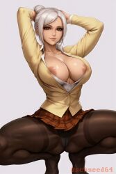 ai_generated armpits arms_behind_head arms_up artist_name breasts brown_eyes cameltoe cleavage collarbone female hair_bun large_breasts lips looking_at_viewer nipple_slip nipples no_bra no_shoes open_clothes panties panties_under_pantyhose pantyhose plaid plaid_skirt pleated_skirt prison_school schneed64 school_uniform shiraki_meiko shirt short_hair simple_background single_hair_bun skirt smile solo spread_legs squatting stable_diffusion thighband_pantyhose thighs unbuttoned underwear web_address white_hair white_shirt