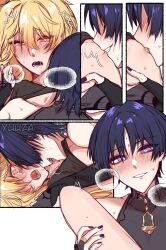 2boys aether_(genshin_impact) biting_nipple blonde_hair blush different_angle dominant_male drool gay genshin_impact heart-shaped_pupils licking_neck long_hair male male_only neck_lick nipple nipple_licking nipples no_nude open_mouth purple_hair saliva scaramouche_(genshin_impact) sweating thigh_grab wanderer yaoi