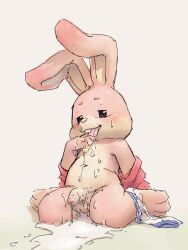 3:4 anthro apluss arcade_bunny balls belly blush bodily_fluids clothing clothing_around_one_leg cum cum_on_self flaccid foreskin fur genital_fluids genitals hi_res lagomorph leporid licking_cum long_ears male mammal mostly_nude navel nintendo nintendo_badge_arcade penis pink_body pink_fur rabbit self_taste slightly_chubby solo underwear underwear_around_one_leg