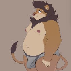 anthro belly briefs bulge clothed clothing detailed_bulge felid hi_res lion looking_at_viewer male mammal mane minedoo moobs navel nipples overweight overweight_male pantherine solo tail thick_arms thick_thighs underwear underwear_only