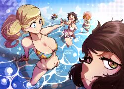 5girls ann_takamaki axe beach bikini bikini_skirt blonde_hair blue_bikini blue_eyes breasts brown_hair cleavage female_only floral_print haru_okumura hat haysey_draws large_breasts lipstick makoto_niijima medium_hair open_mouth orange_hair outdoors persona persona_5 sadayo_kawakami sakura_futaba short_hair smile sun_hat swimsuit white_bikini yellow_eyes