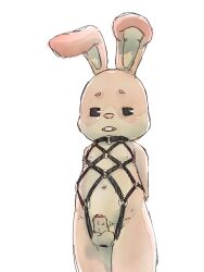 3:4 anthro apluss arcade_bunny balls bondage bondage bound buckteeth erection fur genitals half-closed_eyes hands_behind_back hi_res lagomorph leporid male mammal narrowed_eyes navel nude open_mouth penis pink_body pink_fur rabbit simple_background solo teeth white_background