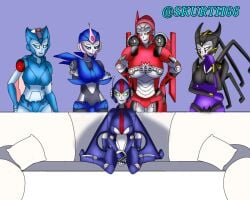 5girls airachnid arcee arcee_(prime) autobot big_breasts bumblebee_movie chromia couch crossover decepticon female female_autobots female_decepticons female_only imminent_sex meme original original_character piper_perri_surrounded robot robot_girl shatter_(transformers) skurth66 skywing_(skur) smile transformers transformers_prime yuri