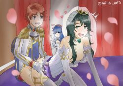 1boy 2girls all_fours alternate_costume bare_shoulders blue_eyes blue_hair breasts breasts_out bridal_veil bride cecilia_(fire_emblem) cleavage doggy_style dress elbow_gloves female fire_emblem fire_emblem:_the_binding_blade fire_emblem_heroes gloves green_eyes green_hair happy heart husband_and_wife kneeling lilina_(fire_emblem) long_hair looking_back looking_pleasured male medium_breasts milla_arts multiple_girls nintendo nipples official_alternate_costume open_mouth petals red_hair roy_(fire_emblem) see-through sex shoulders small_breasts smile thighhighs veil voyeur walk-in wedding_dress wife