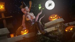 1girls blizzard_entertainment draenei glasses halloween huge_breasts looking_at_viewer looking_back morilymory original_character pink_hair pink_skin solo stockings warcraft witch_costume witch_hat world_of_warcraft zefia