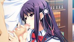 arihara_nodoka blush censored female game_cg narumi_suzune penis purple_eyes purple_hair school_uniform tojita_sekai_no_tori_colony uniform