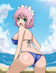 artist_request ass beach bikini breasts cameltoe cleavage elfleda_mirjasdottir jumon large_breasts looking_back lotte_no_omocha! open_mouth pink_hair pointy_ears short_hair swimsuit