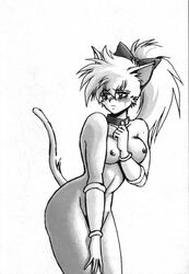 1girls anthro blush breasts cat feline female fur furry greyscale kemono large_breasts long_hair mammal meeya monochrome nipples rpg_densetsu_hepoi solo tail