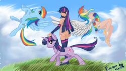 anthro ass equine female fiarel friendship_is_magic hair horn horns horse human multicolored_hair my_little_pony nude pegasus pink_eyes pony purple_hair rainbow_dash_(mlp) rainbow_hair straight_hair tail twilight_sparkle_(mlp) two_tone_hair unicorn wings