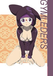 bikini breasts cameltoe cleavage elite_four error female frown glasses highres hood human human_only kneeling makoto_daikichi nintendo pokemon pokemon_bw pubic_hair purple_eyes purple_hair pussy see-through shauntal_(pokemon) short_hair solo sweatshirt sweatshirt_and_bikini swimsuit typo uncensored zipper