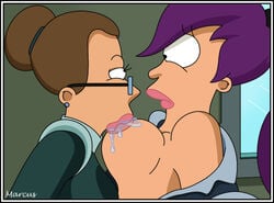 breast_sucking breasts brown_hair cyclops eyes_locked female female_only futurama glasses human marcus_(artist) matt_groening_(style) morgan_proctor multiple_girls nipple_sucking purple_hair side_view tagme toony turanga_leela yuri