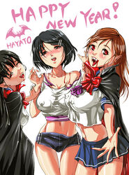 3girls bite bite_mark biting blood blood_sucking breasts cape clothing fangs hayato_(artist) large_breasts multiple_girls pointy_chin short_shorts shorts skirt vampire