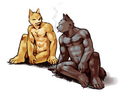 4_toes 5_fingers ^69 abs anthro barefoot black_nose blush canine cigarette claws closed_eyes fur furry_ears looking_at_another male male_only multiple_males muscles navel nude open_eyes penis pointy_ears pubic_hair sitting smile smoke smoking tail white_background