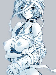 bandage blue_hair blush bodysuit breasts cast clothes clothing dbqp female female_only hair human large_breasts monochrome neon_genesis_evangelion nipples plugsuit red_eyes rei_ayanami short_hair solo torn_clothes