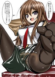 1girls brown_hair comiket female female_only japanese_text makise_kurisu necktie pantyhose pointy_chin pubic_hair smell solo steins;gate text translation_request