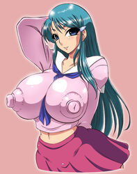 blue_eyes blue_hair breasts erect_nipples erect_nipples_under_clothes green_hair highres huge_breasts huge_nipples large_breasts midriff nipples schoolgirl skirt smile ukimarugojo very_long_hair yukimaru_(gojo)