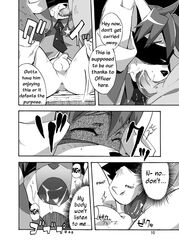 balls black_and_white blindfold bondage bottomless canine clothing comic dialogue english_text furry gay japanese_text male monochrome necktie no_humans oral penis police rape star tail_concerto text the_police_of_porto_village translated waffle_ryebread yaoi