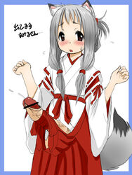 1futa animal_ear blush brown_eyes cum ejaculation flat_chest fox_ear futa_only futanari gray_hair grey_hair hakama handsfree_ejaculation intersex long_hair miko penis retsu_maru solo tail