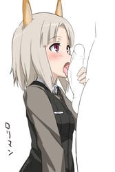 blush character_request clothing edytha_rossmann fellatio female flat_chest fox_ear licking military military_uniform open_mouth oral partially_colored penis penis_lick penis_licking purple_eyes short_hair silver_hair strike_witches tongue uncensored uniform youkan