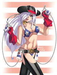 1girls airbrush belmont bikini chaps choker cowboy_hat female female_only hair_over_one_eyes long_hair red_gloves solo solo_female white_hair