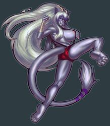 2011 areola bandage big_breasts breasts claws dragon feline female grey hair hindpaw horns huge_breasts hybrid long_hair looking_at_viewer looking_back nipples pirate-cashoo purple_eyes sideboob skimpy solo suspenders tail white_hair