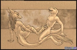 2boys animal_penis anthro artist_name artist_website bald body_fur cum erection footjob gay gay_sex lizard long_hair_male male male_only monochrome penis scalie scaly_penis sepia sergal sketch tail tail_tuft tongue tongue_out ultraviolet_(artist) veiny_penis