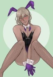 1boy 6tyninevehicles ai:_the_somnium_files ai:_the_somnium_files_-_nirvana_initiative arms_together black_bunnysuit blonde_hair blush bow breasts bunny bunny_boy bunny_costume bunny_ears bunnysuit collar fishnet fishnets flushed gloves green_eyes grin head_tilt heterochromia kaname_date legs_apart legs_spread long_hair looking_at_viewer purple_gloves sitting smile smiling smiling_at_viewer smug smug_face solo solo_focus solo_male tan_body tanned teasing teasing_viewer thighs untied yellow_eyes