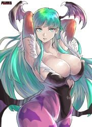 1girls armpits arms_behind_head arms_up_pose bat_wings big_breasts breasts breasts_bigger_than_head busty capcom chikoinochi child_bearing_hips cleavage clothing covered_navel curvaceous curvy darkstalkers deep_cleavage demon_girl female female_only green_eyes green_hair hartman_hips heart_cutout highres hips hourglass_figure huge_breasts large_breasts legs leotard long_hair massive_breasts morrigan_aensland parted_lips pose posing sensual sexy_armpits smile solo succubus thick_thighs thighs voluptuous wide_hips wings