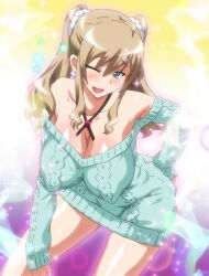 1girls ass blonde_hair breasts bunnywalker cleavage clothing green_eyes gyaru imouto_bitch_ni_shiboraretai large_breasts long_hair one_eye_closed screencap screenshot t-rex_(animation_studio) thighs