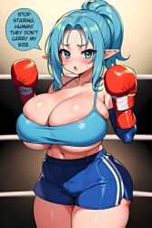 1girls ai_generated barely_contained big_eyes blue_eyes blue_hair boxing_gloves boxing_ring bursting_breasts curvy curvy_female curvy_figure doppelgänger_ai elf elf_ears elf_female embarrassed english_text hi_res huge_breasts inconvenient_breasts looking_at_viewer overflowing_breasts ponytail seductive_look speech_bubble stable_diffusion sweating thick tight_bra undersized_clothes