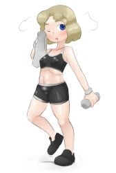 1girls 2020s 2022 4_fingers after_exercise bare_knees blonde_hair blue_eyes bottle bra breasts breath clothing female female_focus female_only hair holding_object human human_only maximumpingas muscular navel nintendo nintendo_switch_sports nipple_bulge one_eye_closed open_mouth png shorts solo sportsmate standing sweat sweating switch_sports towel warm water_bottle white_background wristband